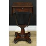 A William IV mahogany work table, rectangular top with fall leaves above a single frieze drawer,
