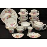 A Royal Crown Derby Posie pattern tea set for six, teapot, milk and sugar, bead and butter plates,