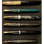 A collection of five fountain pens including Parker, etc, four with 14k gold nibs (5)