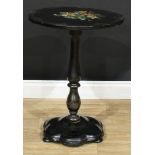 A Victorian polychrome and abalone decorated papier-mâché occasional table, circular top, turned