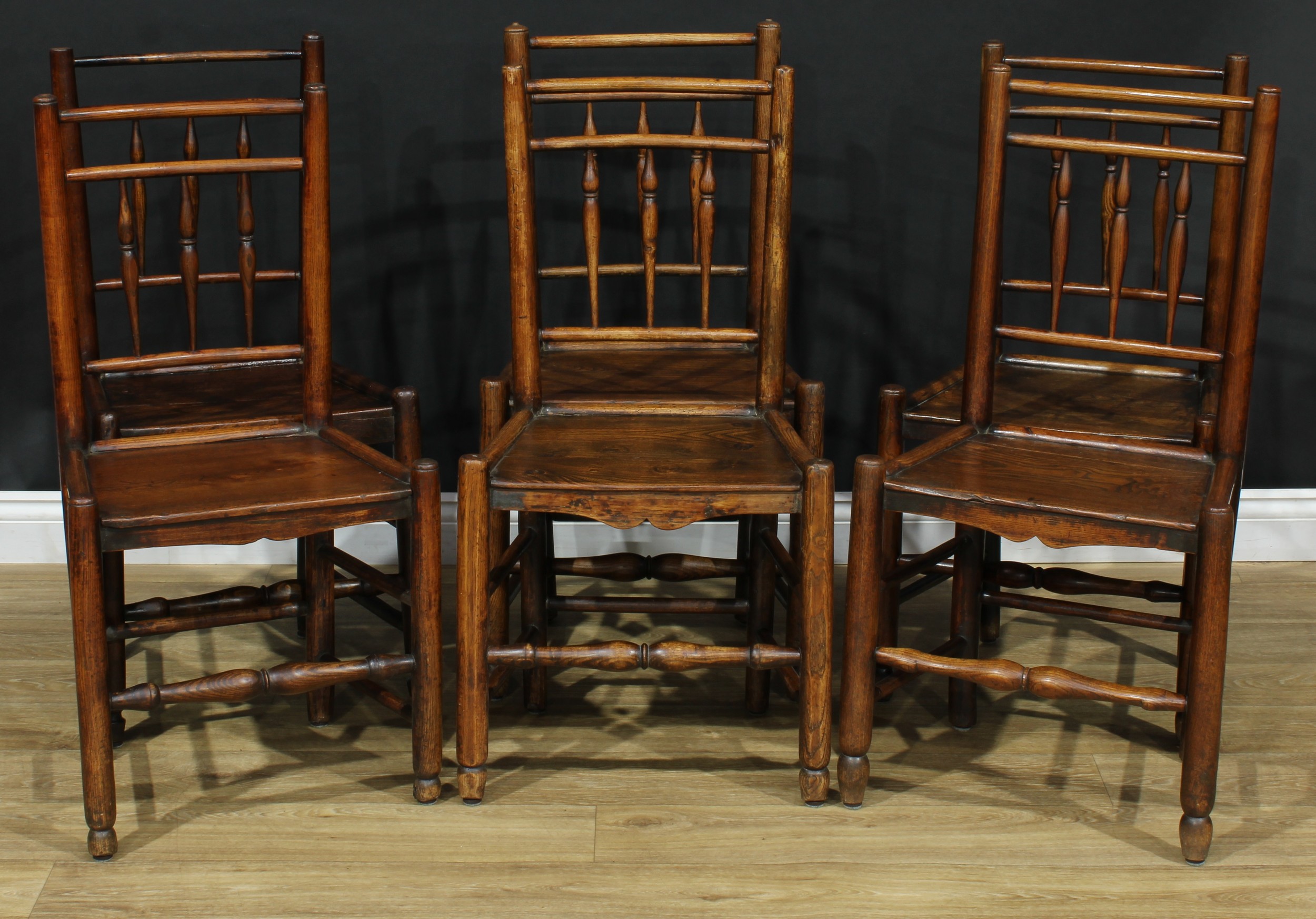 Six 19th century Philip Clissett design ash and elm country chairs, probably West Midlands, one 87.