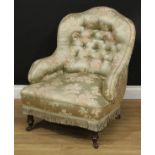 A Victorian drawing room chair, button back, 85cm high, 70cm wide, the seat 46cm wide and 46cm deep