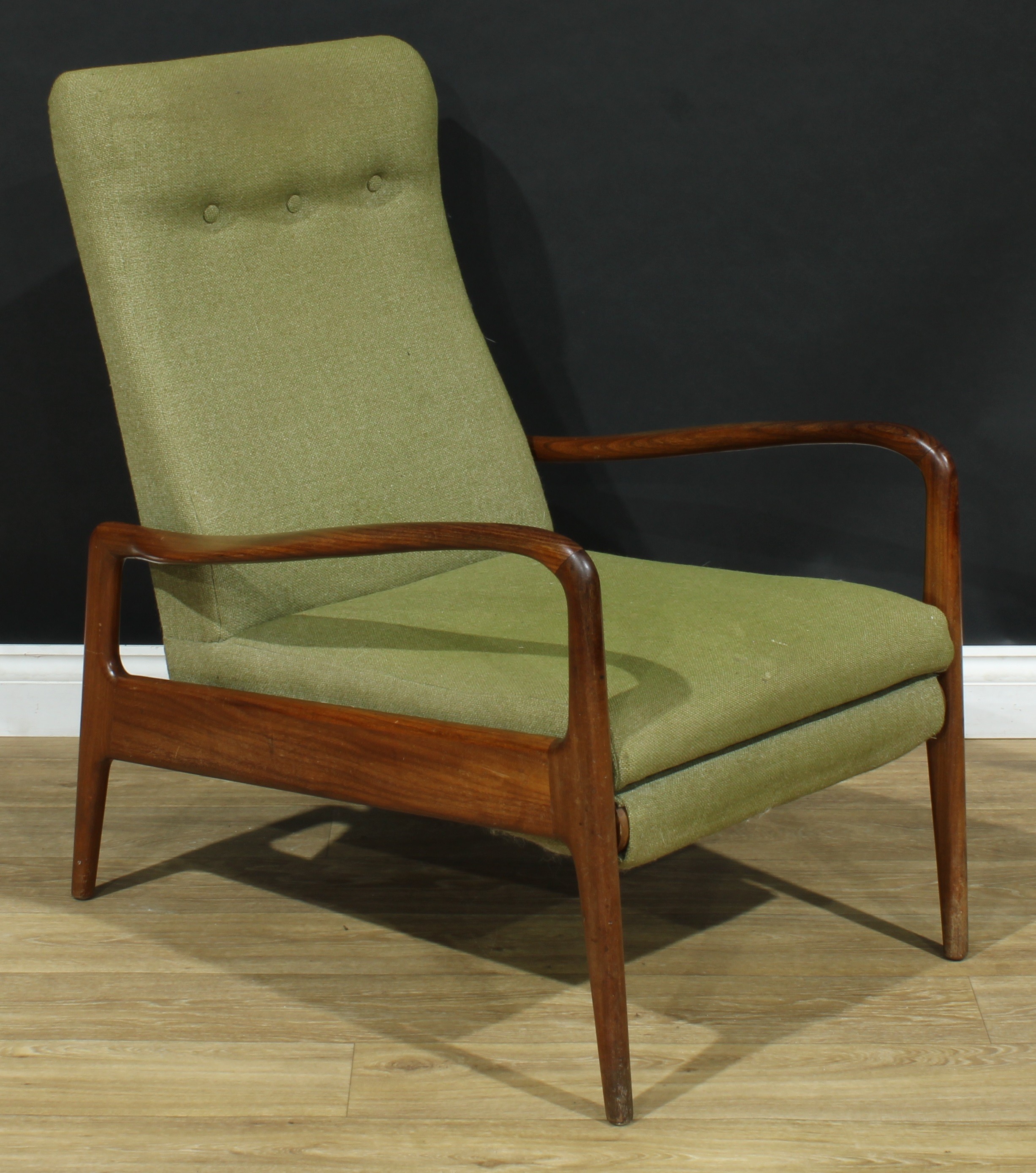 Mid-century Design - a retro afromosia office reclining open armchair, Model 3704 by Greaves and