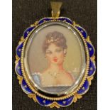An Italian 18ct gold oval portrait brooch, painted with a beauty, the mount applied with blue