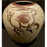 A Studio Pottery ovoid vase, in the Japanese taste, painted with a leaping hare in shades of iron