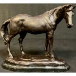 A bronzed metal sculpture of a horse, marble base, 22.5cm high