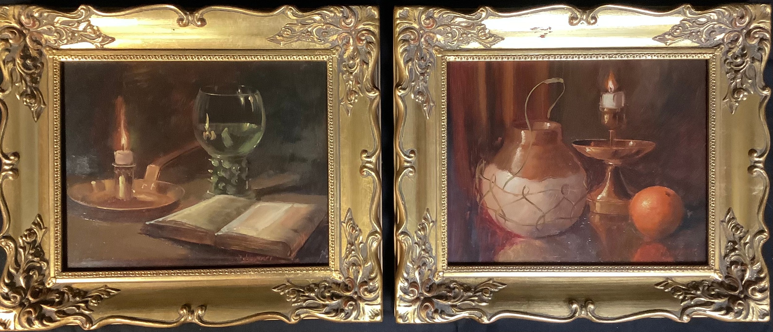 Pictures - a pair, 18th century style , still life's, chamber stick, glass and book, oil on board,