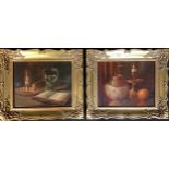 Pictures - a pair, 18th century style , still life's, chamber stick, glass and book, oil on board,