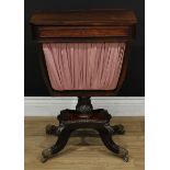A George IV rosewood rounded rectangular work table, hinged top enclosing an arrangement of