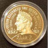 A 22ct gold proof £5 coin, Queen Mother 1900 - 2000, 39.94g, capsulated, certificate, boxed