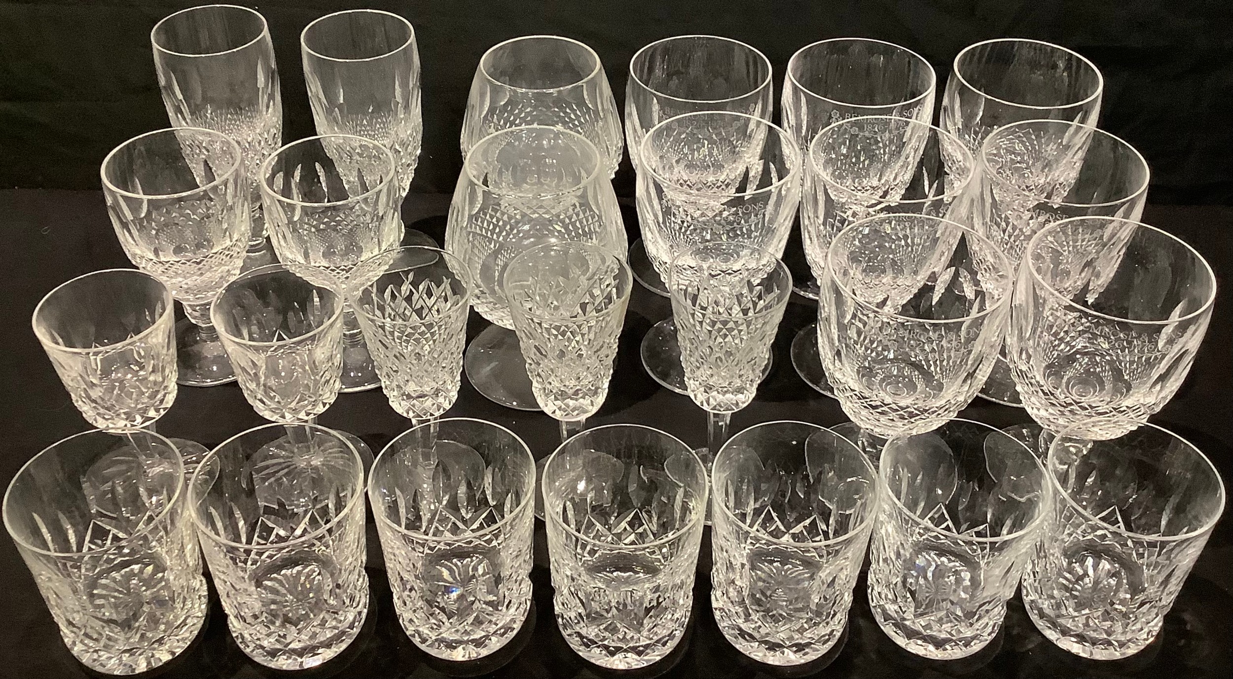 Glassware - a set of six large Waterford Crystal wine glasses, each etched Bemrose & Sons, 1826-