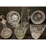 Glassware - a Victorian cut glass jug; a cut glass decanter; other cut glass including bowls, etc (