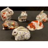 A Royal Crown Derby paperweight, Meadow Rabbit, gold stopper; others, Puppy, Squirrel, Hamster,