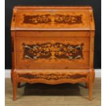 An 18th century style walnut and marquetry bureau, bombe-shaped fall front enclosing a niche and