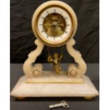 A late 19th century French alabaster mantel clock, white enamel chapter ring with Roman numerals,