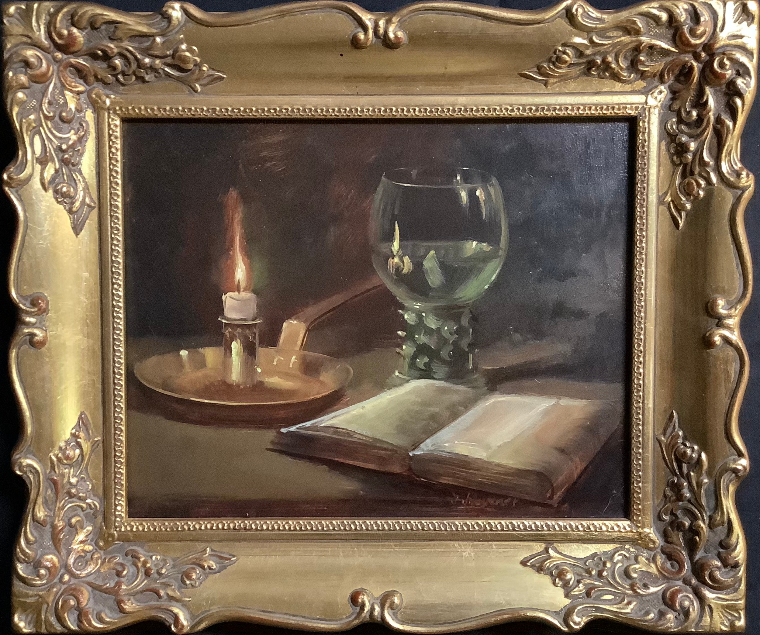 Pictures - a pair, 18th century style , still life's, chamber stick, glass and book, oil on board, - Image 2 of 4