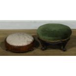 A parquetry banded circular footstool, 11cm high, 28cm diameter; another, 18cm high, 32cm