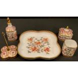 A Royal Crown Derby Honeysuckle pattern dressing table set, comprising scent bottle, trinket pot and