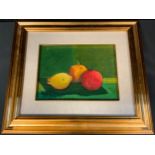 Marcello Fiori, Lemon, orange, apple, signed, oil on canvas, 15cm x 23cm