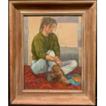 A E G Baynes Girl in a Green Jumper label to verso, oil on board, 35cm x 26cm