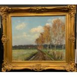 C E Pone** (French, late 19th/early 20th century), Farm track with autumn birch trees, signed, oil