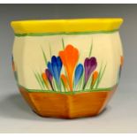 A Clarice Cliff Wilkinsons pottery Crocus pattern octagonal vase, 9cm high, 10cm wide, printed marks