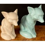 A Langley Mill fox, in green, 18cm high; another, in cream, 16cm high, printed marks (2)