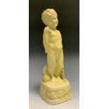 A mid 20th century Poole figure, glazed in cream, of a cherub, standing, naked, a rabbit at his