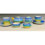 A Grimswade Susie Copper tea for two, banded in tones of blue, green and yellow, printed mark,