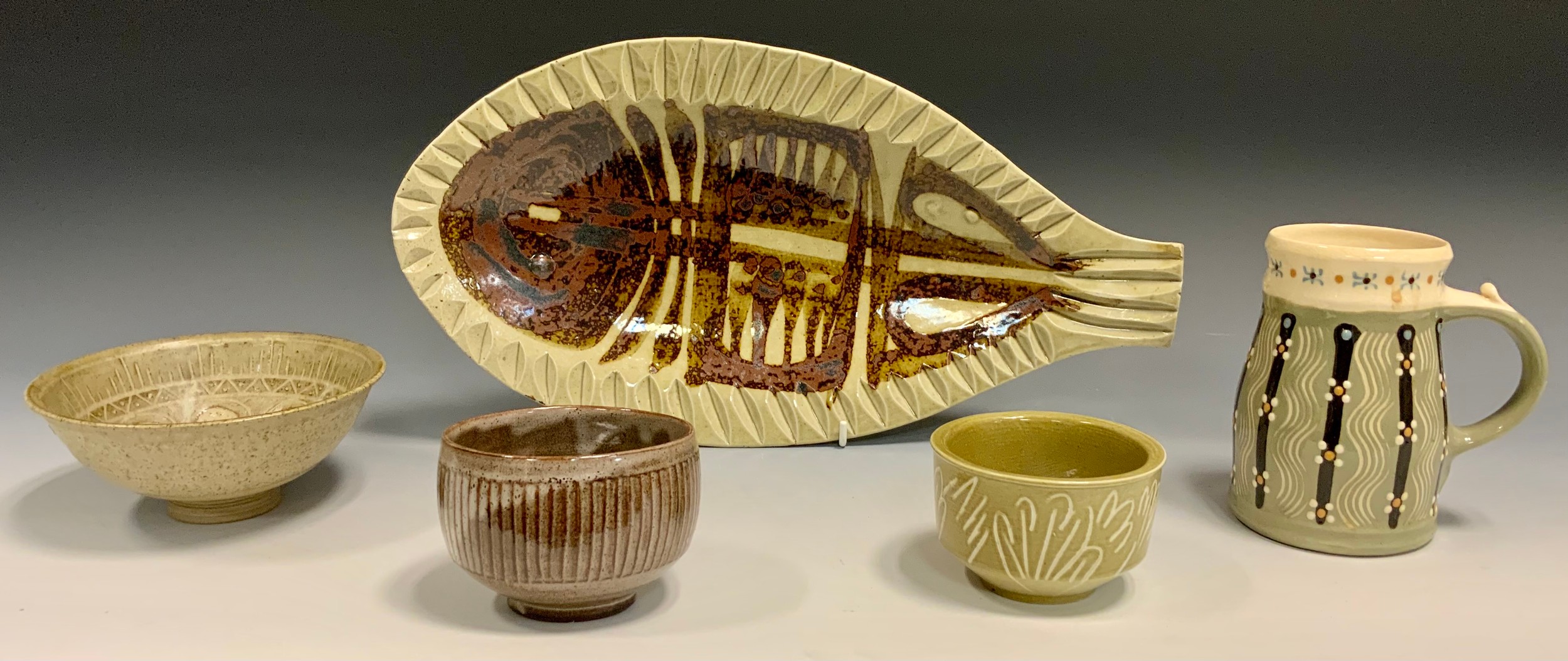 Studio Pottery - A David Leach fluted stoneware bowl, 9cm diameter; Conwy Pottery bowl; Ambleside