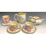 A Grays pottery hand painted duet set, painted with blue and pink flowers, comprising, teapot, large