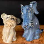 A Langley Mill Oakes period woeful hound, in mottled tan, 17cm high and a terrier, in blue, 22.5cm