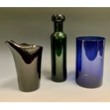 Scandinavian Studio Art Glass - A deep blue cylindrical vase by Nuutajarvi Nolsjo, Finland, 18cm