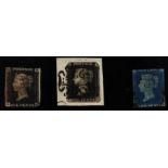 Stamps - QV 1840 trio, two 1d blacks, one red MX, one black MX, various margins, one 2d blue cut