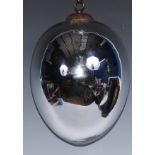 A mirrored ovoid glass witches ball, metal hanging pendant, approx. 20cm diameter