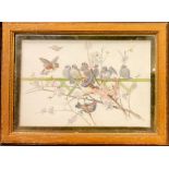 A late Victorian painted milk glass panel, Birds Amongst Blossom, signed Coventry, 25cm x 37.5cm