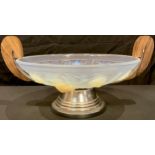 An Art Deco style glass pedestal two handled dish in the Lalique style, 38cm wide over handles
