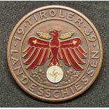 WW2 Third Reich 1939 Tiroler Landesschiessen Shooting Award. Bronze with enamel detailing. 52mm in