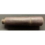 A four draw Telescope in brass with sun shield and brown leather covering. Maker marked "R Bailey,