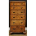 A George III style walnut veneer chest, of six drawers, bracket feet, 129cm high, 62cm wide, 44.