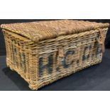 An early 20th century wicker laundry basket/hamper, printed H.C.C.L. to the front and 1/68 to the