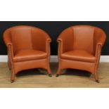 A pair of tub-shaped club armchairs, 70cm high, 70cm wide, the seat 44cm wide and 47cm deep,