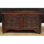 An '18th century' oak blanket chest, hinged top, the front carved with stylised leaves, later feet