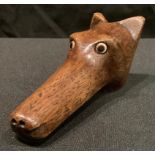 An oak novelty walking cane handle, as the head of a dog