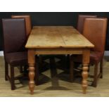 A large pine dining table, rectangular top, turned legs, 76.5cm high, 234.5cm long, 96cm wide; a