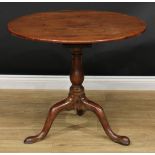 A George III mahogany birdcage tripod occasional table, circular tilting top, baluster column,