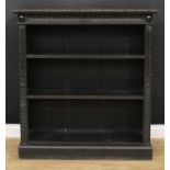 A late Victorian ebonised oak and pine open bookcase, 116cm high, 107cm wide, 34.5cm deep