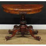 A Victorian walnut demilune card table, hinged top enclosing a baize lined playing surface, turned
