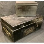 A metal military campaign chest, Maj. DesRaj, Scotland, initialled JIDR, 75cm wide; another