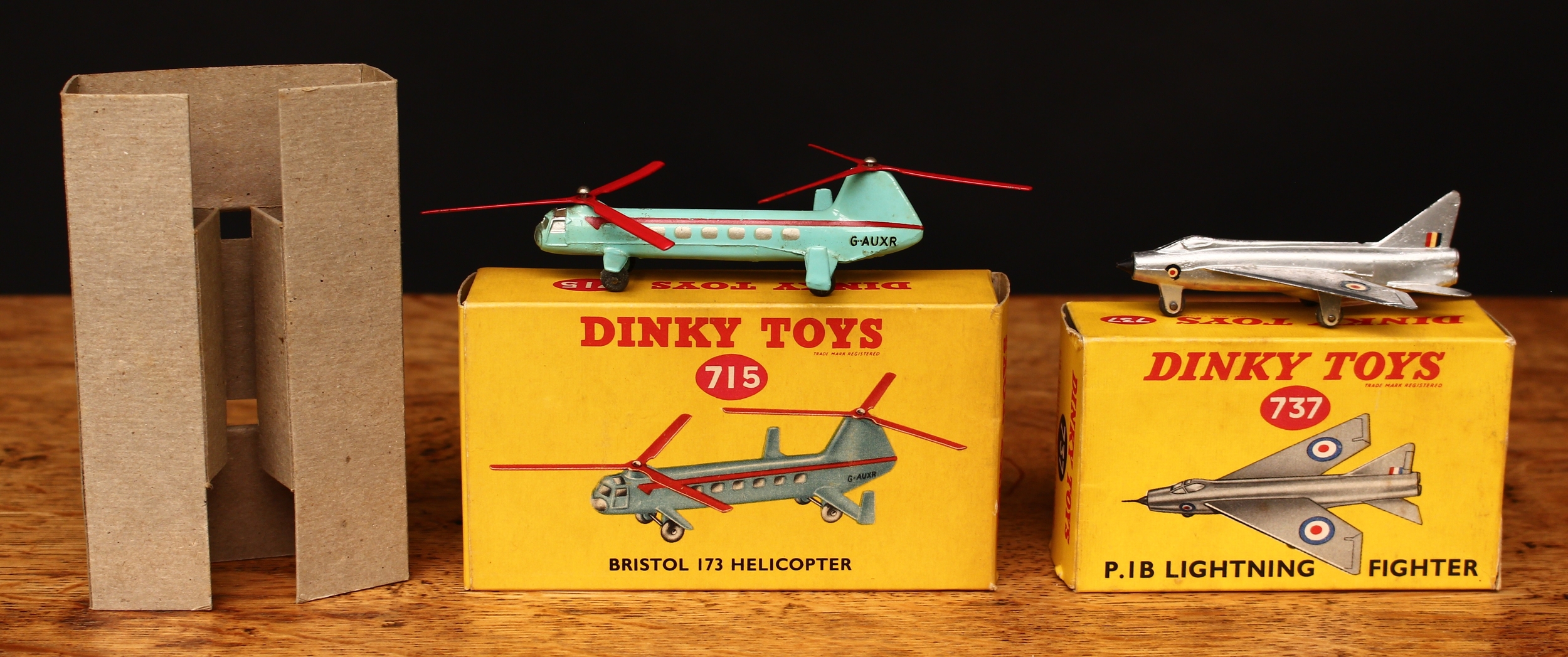 Dinky Toys 715 Bristol 173 helicopter, turquoise green body with decals, twin red propellers,